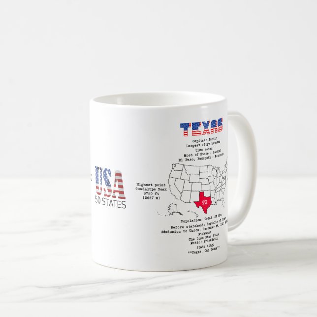Texas amerikanska stat på karta och användbar info kaffemugg (Framsida höger)