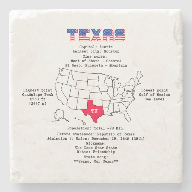 Texas amerikanska stat på karta och användbar info stenunderlägg (Framsidan)