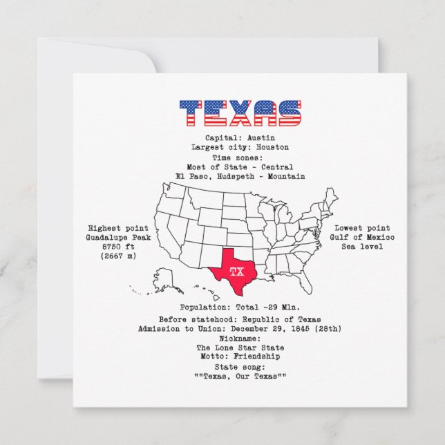 Texas amerikanska stat på karta och användbar info tack kort (Framsida)