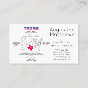 Texas amerikanska stat på karta och användbar info visitkort