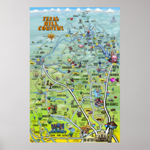 Texas Backe Land Tecknad Karta Poster
