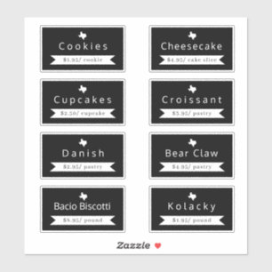Texas Bakery Food Namn & Pris Sticker Labels Klistermärken