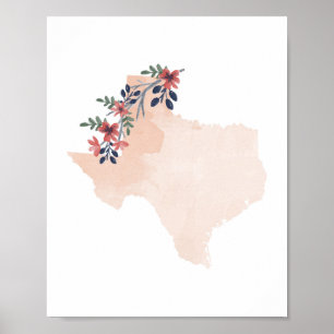 Texas Blommigt Watercolor State Poster