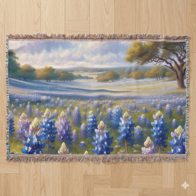 Texas Bluebonnet Ängslandskap Filt (Texas Bluebonnet Meadow Landscape Throw Blanket Laid Flat)