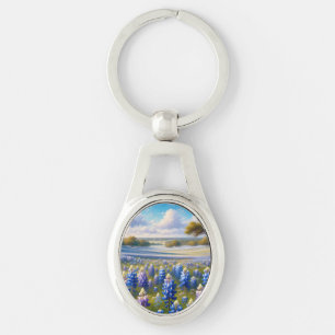 Texas Bluebonnet Ängslandskap Ovalt Silverfärgad Nyckelring