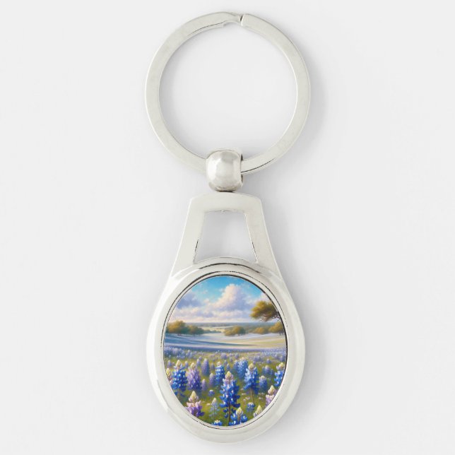 Texas Bluebonnet Ängslandskap Ovalt Silverfärgad Nyckelring (Framsidan)