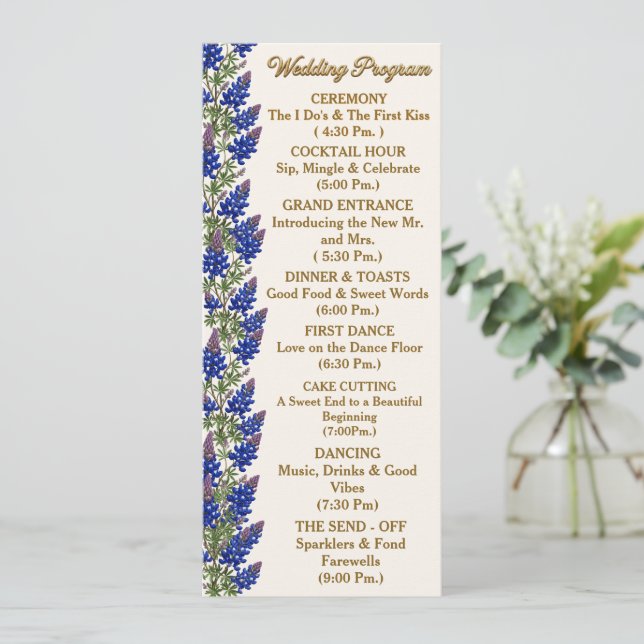 Texas Bluebonnet Blommig Bröllopsprogram Program (Stående Fram)