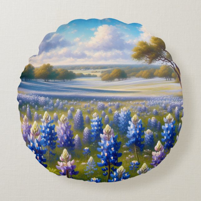 Texas Bluebonnet Meadow Landscape Rund Kudde (Framsidan)