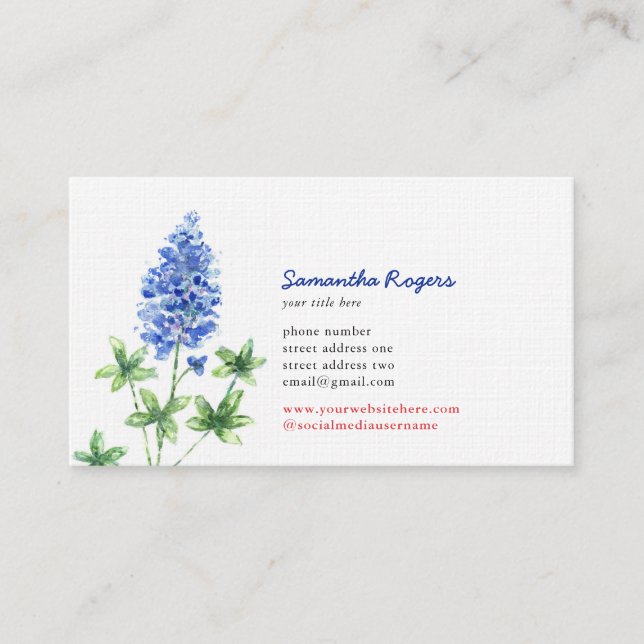 Texas Bluebonnet och Flagga Watercolor Visitkort (Framsida)
