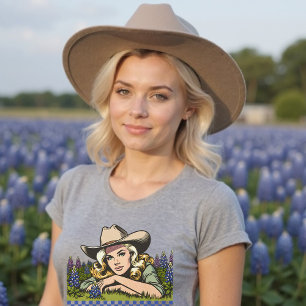 Texas Bluebonnet Season Blonde Retro Cowgirl T Shirt