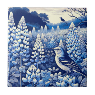 Texas Bluebonnets and Northern Mockingbird Texan Kakelplatta