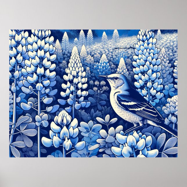 Texas Bluebonnets and Northern Mockingbird Texan Poster (Framsidan)