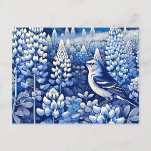 Texas Bluebonnets and Northern Mockingbird Texan Vykort
