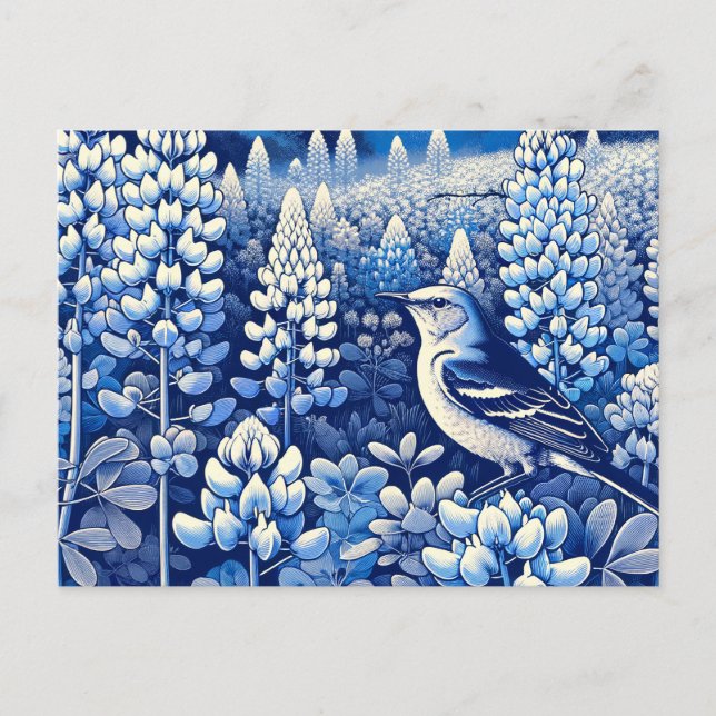 Texas Bluebonnets and Northern Mockingbird Texan Vykort (Framsida)