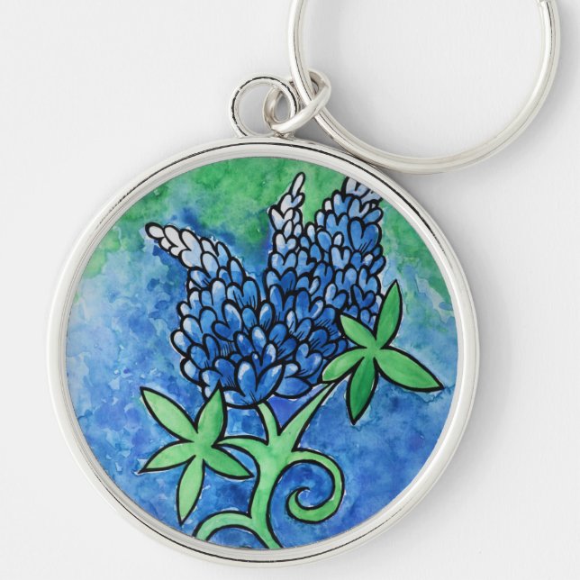 Texas Bluebonnets Rund Silverfärgad Nyckelring (Framsidan)