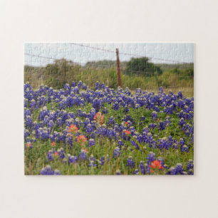 Texas Bluebonnets vid Farm Land Fence Puzzle Pussel