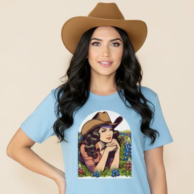 Texas Bluebonnets Vintage Brunette Cowgirl Shirt T Shirt (Texas Bluebonnets Vintage Brunette Cowgirl Shirt.)