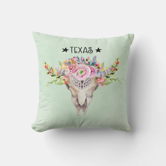 Texas Boho Cow Skull med Flowers Chic Trendig Kudde (Framsida)