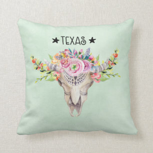 Texas Boho Cow Skull med Flowers Chic Trendig Kudde