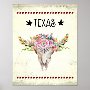 Texas Boho Cow Skull med Flowers Chic Trendig Poster