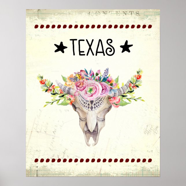 Texas Boho Cow Skull med Flowers Chic Trendig Poster (Framsidan)
