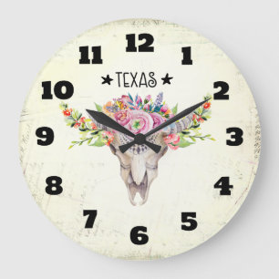 Texas Boho Cow Skull med Flowers Chic Trendig Stor Klocka