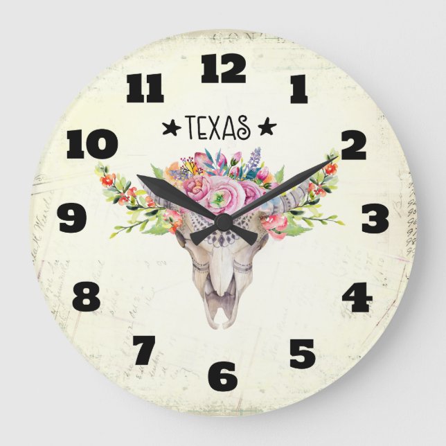 Texas Boho Cow Skull med Flowers Chic Trendig Stor Klocka (Framsida)