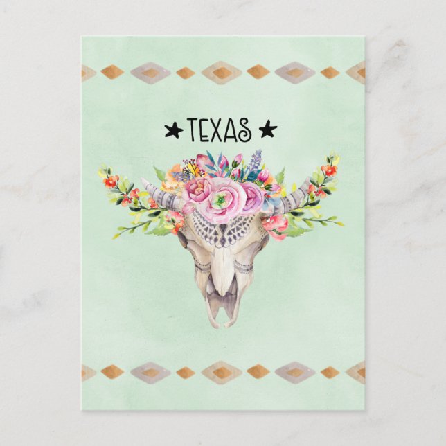 Texas Boho Cow Skull med Flowers Chic Trendig Vykort (Framsida)