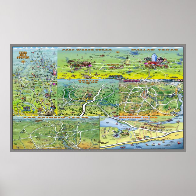 Texas Cities Tecknad Karta Poster (Framsidan)