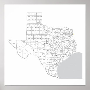 Texas Countyn Karta med county namn Poster