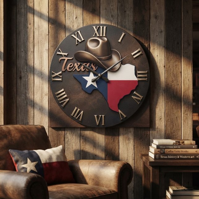 Texas Cowboy Hat Flag Leather  Stor Klocka (Skapare uppladdad)