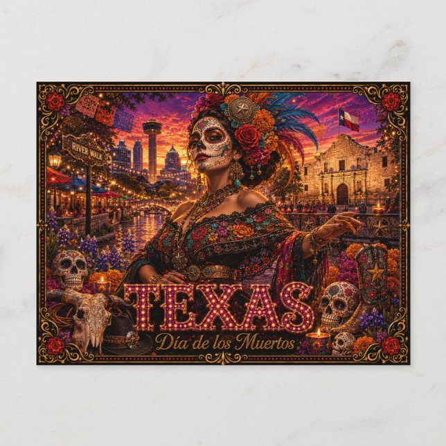 Texas Día de los Muertos Retro Vykort (Framsida)