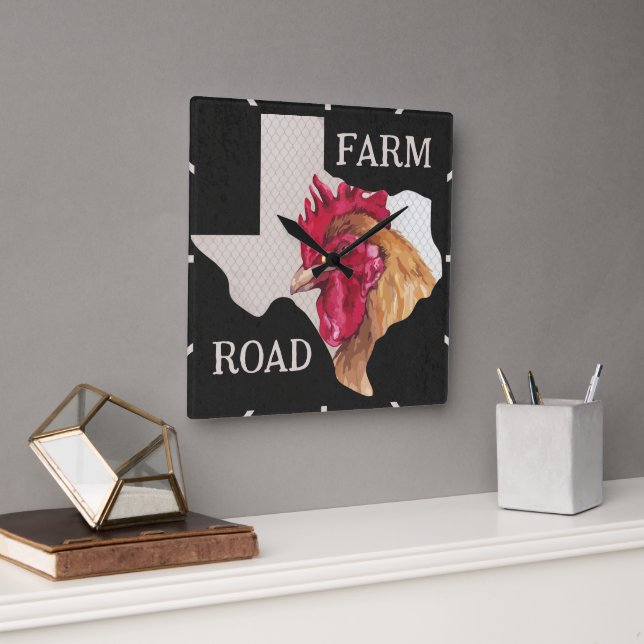 Texas Farm Road Chicken Fyrkantig Klocka (Kontor)