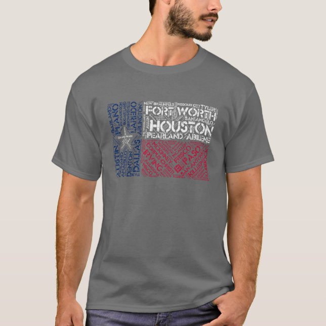 Texas Flagga med City Namn Ord Art T Shirt (Framsida)