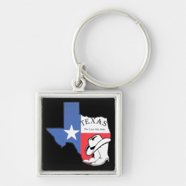 Texas: Flagga och Silhouette i Texas Fyrkantig Silverfärgad Nyckelring (Framsidan)