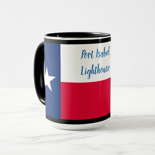 Texas Flagga & Port Isabel Lighthouse på svart Mugg (Framsida vänster)