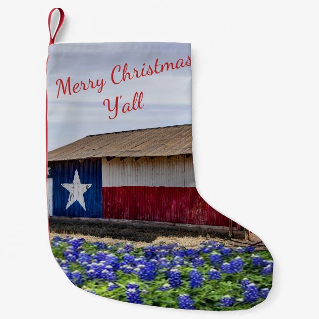Texas God jul Y'all Barn and Bluebonnet Liten Julstrumpa (Framsidan)