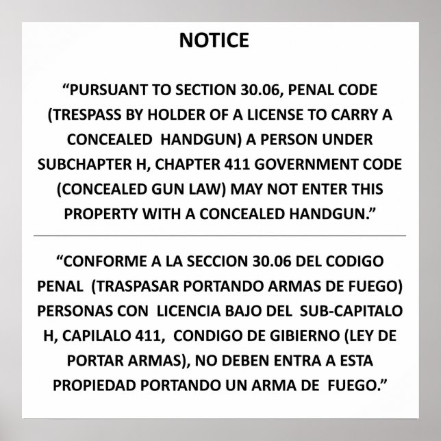 Texas Gun Law - Basic White - Concealed Carry Poster (Framsidan)