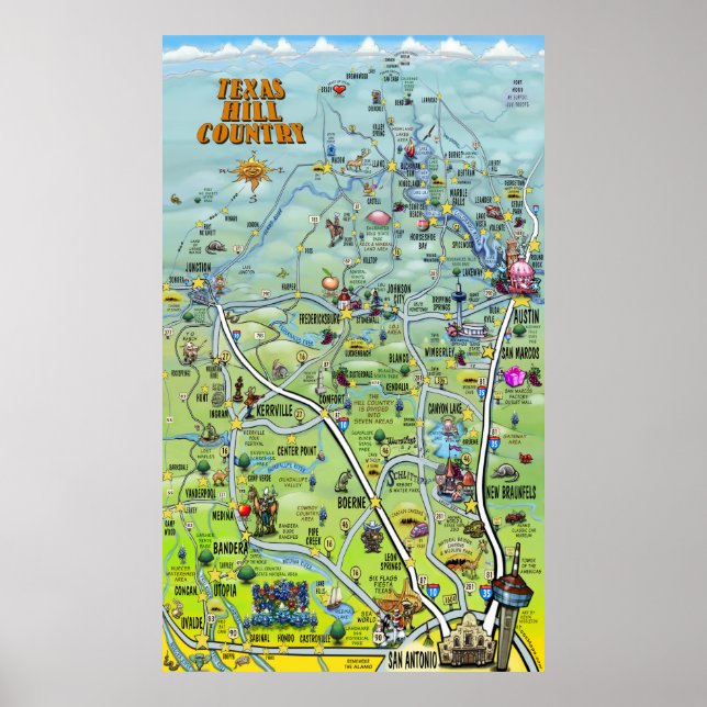 Texas Hill Country Cartoon Map Poster (Framsidan)