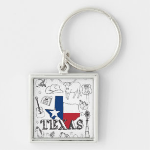 Texas Illustration Doodles of Texas Mönster Fyrkantig Silverfärgad Nyckelring