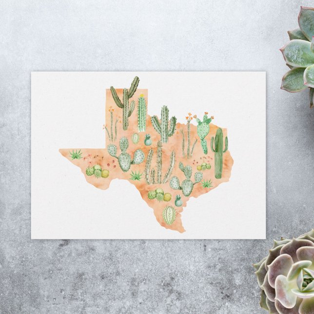 Texas Kaktus Akvarell Illustrationskarta Platt Kort (Close up)