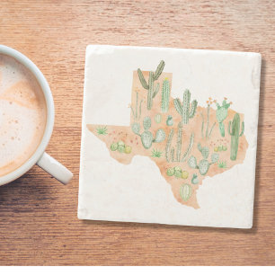 Texas Kaktus Vattenfärg Illustration Kart Resa Stenunderlägg