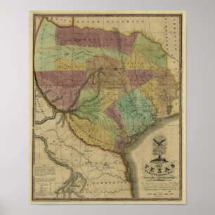 Texas karta 1837 med delar av den gränsa till poster