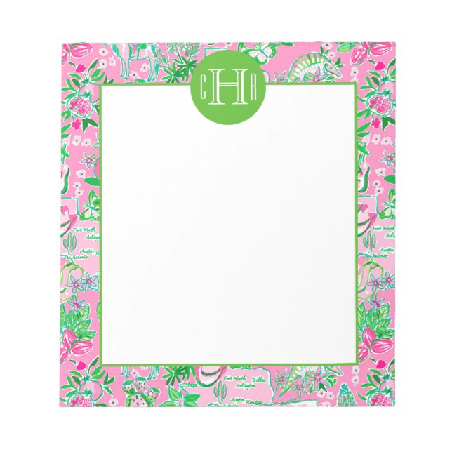 Texas Karta Rosa & Grönt Preppy Mönster Monogramme Anteckningsblock (Framsida)