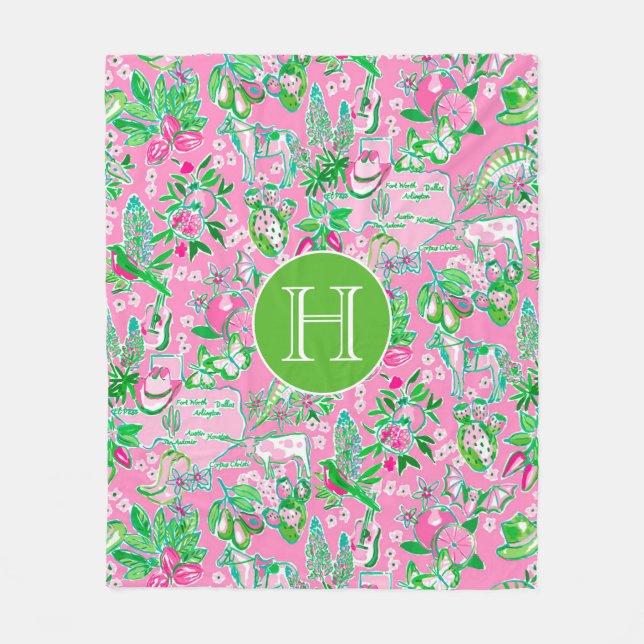 Texas Karta Rosa & Grönt Preppy Mönster Monogramme Fleecefilt (Framsidan)
