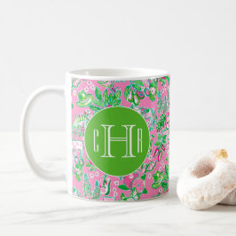 Texas Karta Rosa & Grönt Preppy Mönster Monogramme Kaffemugg