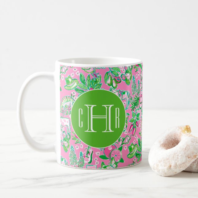 Texas Karta Rosa & Grönt Preppy Mönster Monogramme Kaffemugg (Med munk)