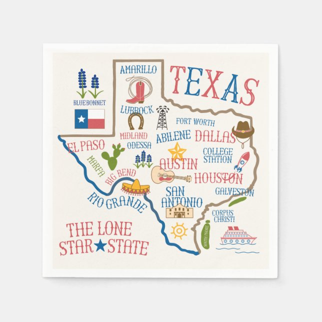 Texas Landmarks Karta Napkins Pappersservett (Framsidan)