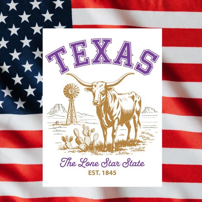 Texas Lone Star State Tjurnillustration Resa Vykort (Texas Lone Star State Bull Illustration Travel Postcard
)