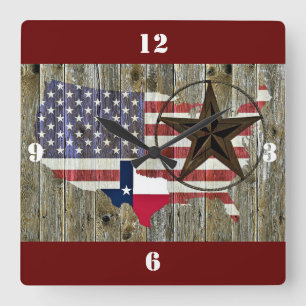 Texas Lone Star Statlig flagga Karta Fyrkantig Klocka